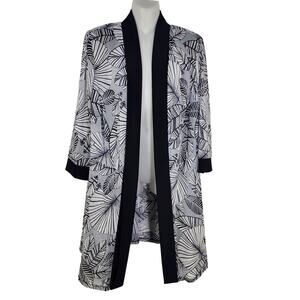 R&M Richards Cardigan Jacket Size 18W Black Ivory Mesh Sheer Open Leaf Print Art